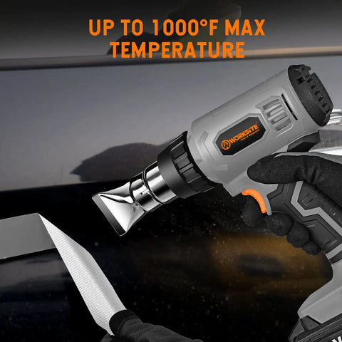Cordless Heat Gun Kit 20V Max with Lithium Battery in use, showing 1000°F max heat on surface with nozzle attachment.