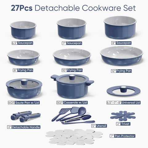 27 Piece Ceramic Nonstick Cookware Set With Detachable Handles For Easy Low Oil Cooking RV And Camping Ready Pots And Pans