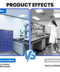 Before and after comparison of a lab with and without a Heavy Duty 75 Drawer Parts Cabinet With 2mm Steel Frame And ABS Drawers With Labels And Dividers.