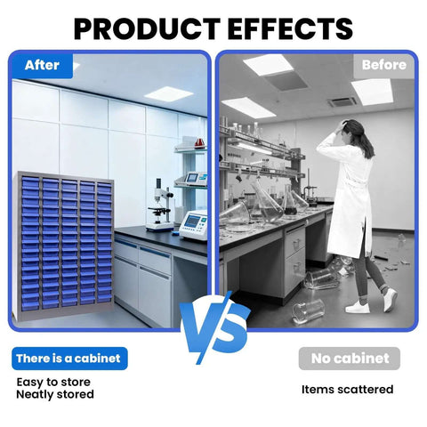 Before and after comparison of a lab with and without a Heavy Duty 75 Drawer Parts Cabinet With 2mm Steel Frame And ABS Drawers With Labels And Dividers.