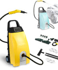Sotikarery 3000W Steam Cleaner With Ozone For Deep Cleaning, High Temp Carpet And Upholstery Extractor Tool Kit Including 9 Attachments For Home Auto Maintenance And Ac Unit Sanitization Yellow image with tools and hose.