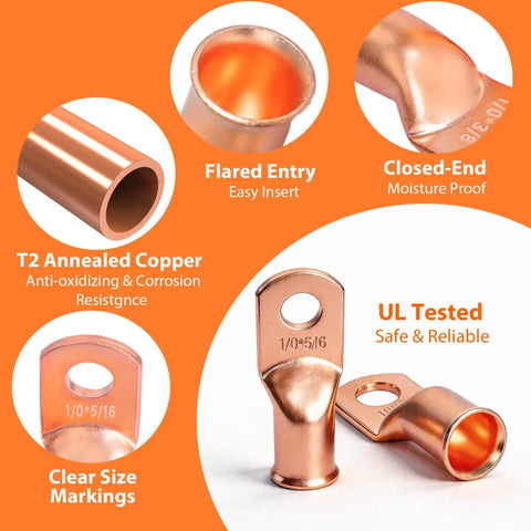 Beefy Battery Cable Ends Kit With 220 Pcs Copper Wire Lugs featuring flared entry, closed-end, and clear size markings, UL tested.