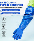 Heavy Duty Pvc Chemical Gloves With Waterproof Long Sleeve Cotton Liner Built For Hella Tough Industrial And Pool Tasks Featuring Straight Up Non Slip Grip In Blue Large Fighting Acid And Oil, submerged in water showing texture.