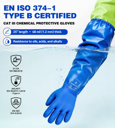 Heavy Duty Pvc Chemical Gloves With Waterproof Long Sleeve Cotton Liner Built For Hella Tough Industrial And Pool Tasks Featuring Straight Up Non Slip Grip In Blue Large Fighting Acid And Oil, submerged in water showing texture.