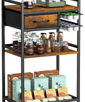Four Tier Coffee Bar Cart With K Cup Holder And Milk Frother Stand Featuring Hella Convenient Storage Layout In Rustic Brown Finish displaying coffee maker, jars, and snacks.
