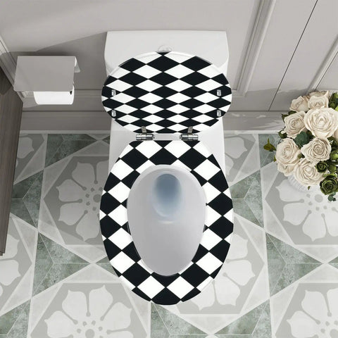 Toilet Seat Elongated Quiet Close for Bathroom on a toilet with black and white checkered design, top view, modern decor.