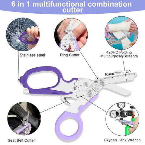 Six In One Heavy Duty Emergency Trauma Shears With Window Breaker And Multi Tool Scissors Oxygen Can Opener Knife Saw Scale For Outdoor Adventures Survival Gear, stainless steel