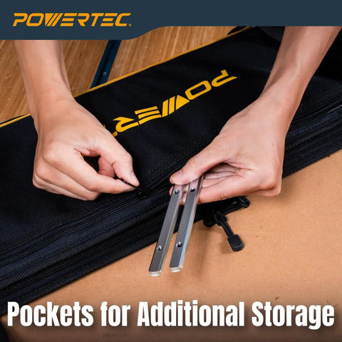 Hands unzipping Straight Up Rugged Heavy Duty Case For Your 59 Inch Track Saw Guide Rail featuring pockets for storage.