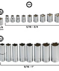 Pro Grade Deep Socket Set For Three Eighths And One Half Inch Drive, 45 Piece SAE And Metric, Chrome vanadium steel sockets.