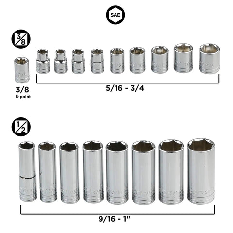 Pro Grade Deep Socket Set For Three Eighths And One Half Inch Drive, 45 Piece SAE And Metric, Chrome vanadium steel sockets.