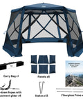 Pop Up Gazebo Tent With Wind Panels 12.1 Ft By 10.5 Ft Waterproof Screen House With Mesh Ventilation UV Protection Navy Blue, carry bag, stakes, and manual