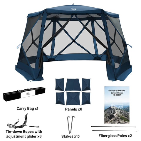 Pop Up Gazebo Tent With Wind Panels 12.1 Ft By 10.5 Ft Waterproof Screen House With Mesh Ventilation UV Protection Navy Blue, carry bag, stakes, and manual