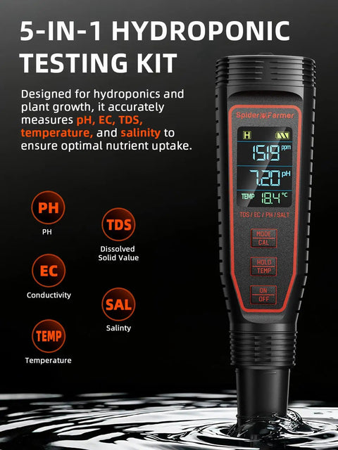 All In One Digital PH Meter Kit With TDS EC Temperature And Salinity Tester for Water Gardens Hydroponics use