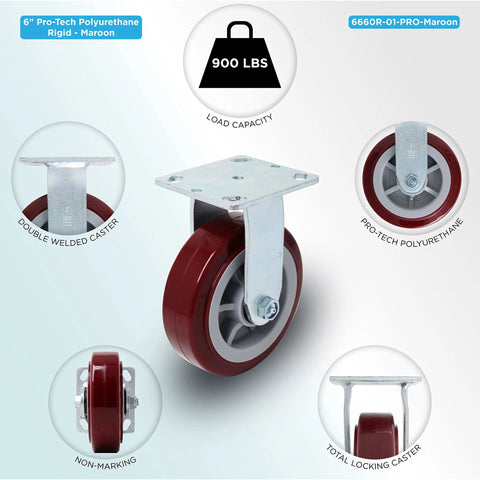 Heavy Duty Industrial Casters 6 Inch By 2 Inch With Top Plate 4 By 4.5 Maroon Two Rigid And Two Swivel Casters With Top Lock Brakes