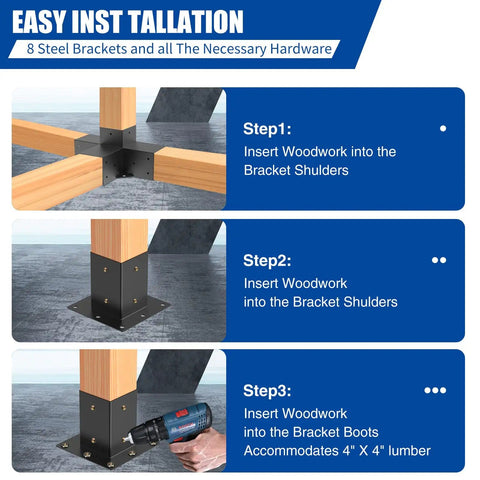 Installation steps for Heavy Duty Pergola Brackets For 4x4 Lumber, Black Powder Coated Steel 4 Way Kit with Shoulder Brackets and Boots