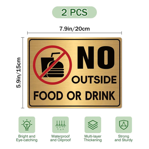 Brushed Gold No Food Or Drink Sign For Doors Two Pack Self Adhering Indoor Or Outdoor Use Ideal For Restaurants Offices And Businesses No Outside Food Or Drinks Allowed Sticker, 7.9x5.9in