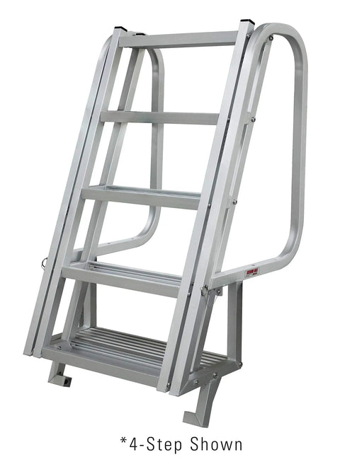 Deluxe Flip Up Dock Ladder 6 Step For Boats And Piers Marine Grade Aluminum With Stainless Hardware Folds Upright To Prevent Damage And Debris Wide Top And Steps For Easy Climbing, 4-step shown