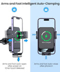 Auto Clamp Wireless Car Charger Mount, 15W Fast Charging showing auto-clamping mechanism with phone secured in holder.