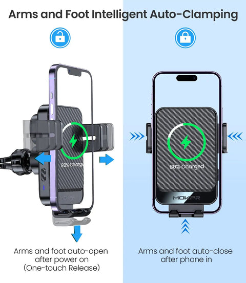 Auto Clamp Wireless Car Charger Mount, 15W Fast Charging showing auto-clamping mechanism with phone secured in holder.
