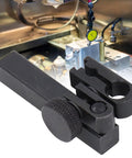 Dial test indicator height holder bar with sleeve clamp, black metal, 9x9mm, 50mm length, 8mm/6mm holes