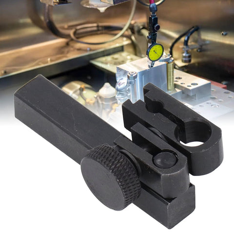 Dial test indicator height holder bar with sleeve clamp, black metal, 9x9mm, 50mm length, 8mm/6mm holes