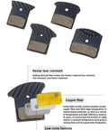 TL03S Disc Brake Ceramic Pads for bikes and scooters, showing Kevlar copper fiber composite, spring, bolt, 2 pistons.