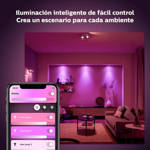 Smartphone app controlling Color Changing BR30 Smart Downlight Bulb For 5 To 6 Inch Recessed Cans White And Color Ambiance 16 Million Colors Alexa Compatible Hue Bridge Required For Full Automation Old Version in a pink-lit living room