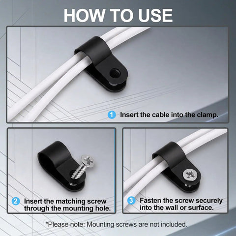 R Type 3/8 Inch Cable Clamps 100 Pack Black PA66 Nylon Wire Management Clips UC 2 Screw On Cord Fasteners in use