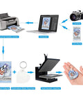 DIY Sublimation Keychains Set Double-Sided Heat Transfer Blanks process with printer, computer, press, and finished keychain.