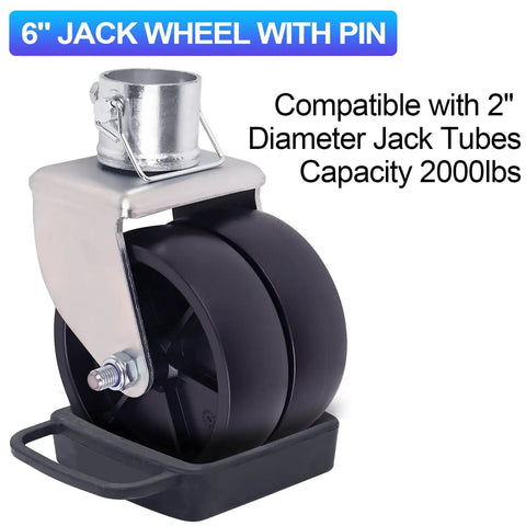 Beefed Up Dual Wheel Trailer Jack Attachment With Safety Chock, 2000 lb capacity, fits 2 inch tubes, zinc plated for stability