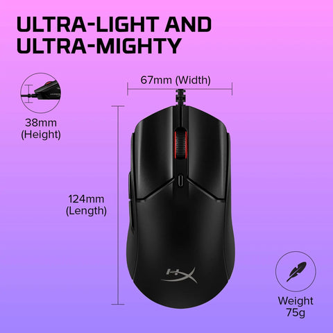 Front view of Pulsefire Haste 2 Wired Gaming Mouse Ultra Light 53g with dimensions and weight, ideal for speed runs and precision gaming