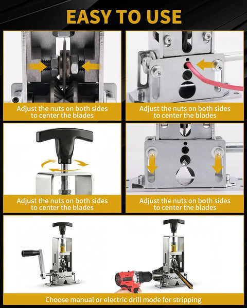 Diagram of Drill Powered Wire Stripper Machine For 0.03 To 1 Inch Wires Portable Steel Frame Stripping Tool with adjustable blades.