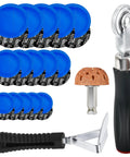 Top Shelf 33 Piece Tire Patch Kit With 30 Rubber Inserts In Three Sizes Plus Roller And Scraper For Quick Car Motorcycle And Bike Repairs That Make Fixing Flat Tires A Snap Hella Tough Gear For Every Road, featuring blue rubber patches and tools.