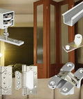 Heavy Duty Aluminum Sliding Door Track Kit For Bifold And Interior Partition Systems Featuring Knockout Durability And Silky Smooth Swivel Caster Rollers 10 Feet Long showing rollers, track, and hardware.