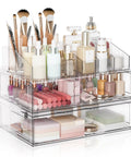 Clear Acrylic Stackable Makeup Organizer With Drawer elevates your vanity, featuring transparent drawers and organized cosmetics.