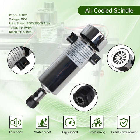 Beefy 800W CNC Spindle Motor Kit With 110V Air Cooled ER16 Spindle 20000RPM Mach3 Speed Controller Governor And Power Supply 52mm Mount Clamp For CNC Router Machine image showing motor and specifications