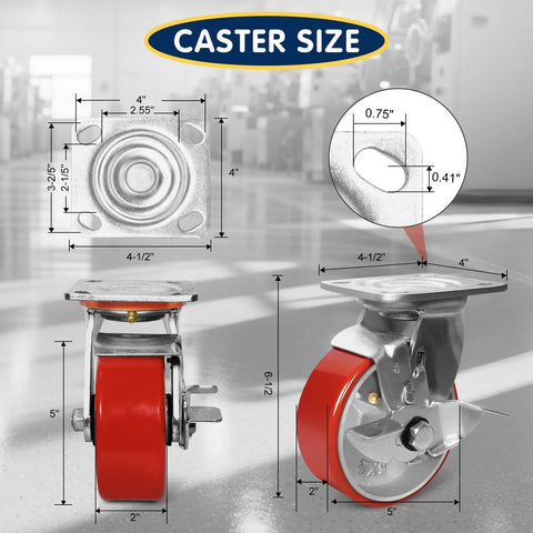 Rock Solid Heavy Duty Caster Wheels With Tough Polyurethane Treads And Rustproof Cast Iron Cores For Platform Dollies And Military Gear 4000 Lb Rating two swivel sizes shown