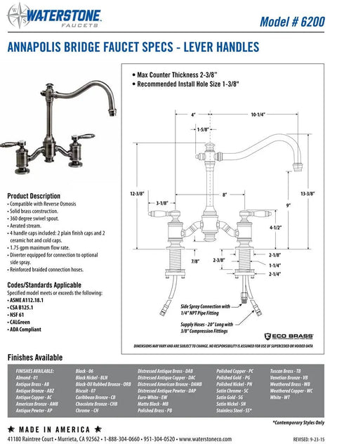 Waterstone Annapolis Bridge Faucet specs image with smooth lever handles, solid brass construction, and detailed dimensions.