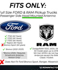 Compatibility chart for full-size Ford and RAM trucks with Ford and RAM logos. Notes about model years and antenna fitment.