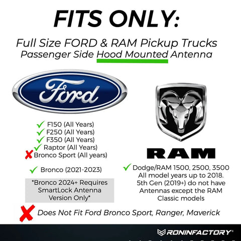 Compatibility chart for full-size Ford and RAM trucks with Ford and RAM logos. Notes about model years and antenna fitment.
