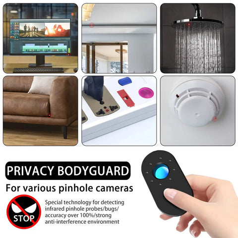 Collage showcasing Camera Detector With Led Infrared Scanning Technology For Hidden Cameras Anti Sneak Photo And Monitoring For Hotel Bathrooms Black Portable Privacy Shield Easy To Use