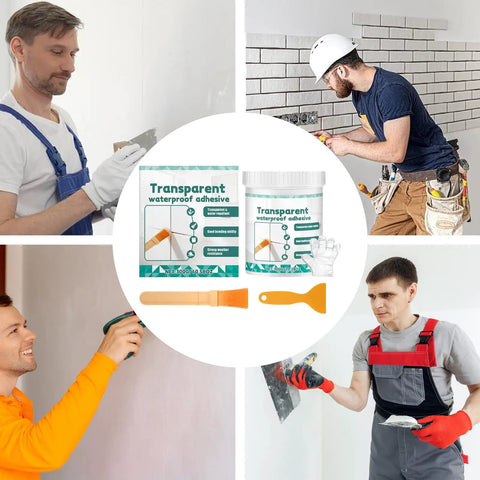 Killer Clear Roof Sealant And Heavy Duty Waterproof Adhesive That Slaps Down A Tight Leak Barrier On Tile Grout Concrete Patios And Basements All Season Long in use by contractors with tools.