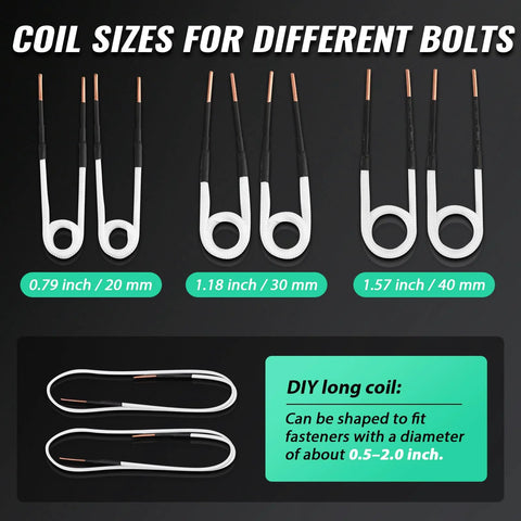 Mxmoonfree induction heater bolt removal kit with 8 coils and rugged case; coil sizes 0.79/1.18/1.57 in.
