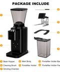 binROC Electric Conical Burr Coffee Grinder With Portafilter Holder In Sleek Black, showing package parts including bean hopper and grinding chamber.