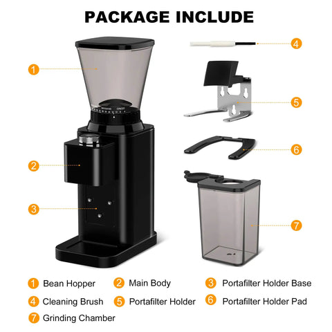 binROC Electric Conical Burr Coffee Grinder With Portafilter Holder In Sleek Black, showing package parts including bean hopper and grinding chamber.