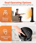 36 Inch Tower Space Heater For Large Rooms With 1500W Ceramic Electric Fireplace Effect, Adjustable Thermostat, Realistic 3D Flames, Smooth Oscillation And Wireless Remote features remote control and digital touch panel.