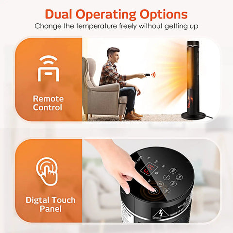 36 Inch Tower Space Heater For Large Rooms With 1500W Ceramic Electric Fireplace Effect, Adjustable Thermostat, Realistic 3D Flames, Smooth Oscillation And Wireless Remote features remote control and digital touch panel.