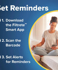 Woman using phone for reminders next to 'Set Reminders' guide for 16x25x1 Air Filter For AC And Furnace MERV 12 MPR 1500