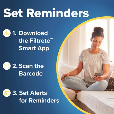 Woman using phone for reminders next to 'Set Reminders' guide for 16x25x1 Air Filter For AC And Furnace MERV 12 MPR 1500
