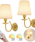 Wireless Wall Sconces Set Of Two With 5300mAh Battery And Remote Control Fifteen Dimmable Colors Fabric Shade Brushed Gold for Bedroom Living Room, featuring fabric shades and remote.